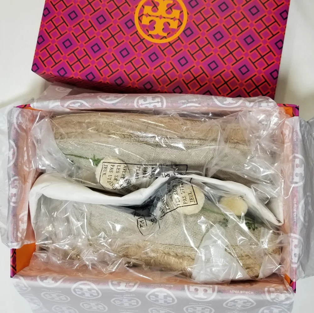 NIB Tory Burch‎ Lily Platform Espadrille Linen/Embroidery in Natural Size 9.5